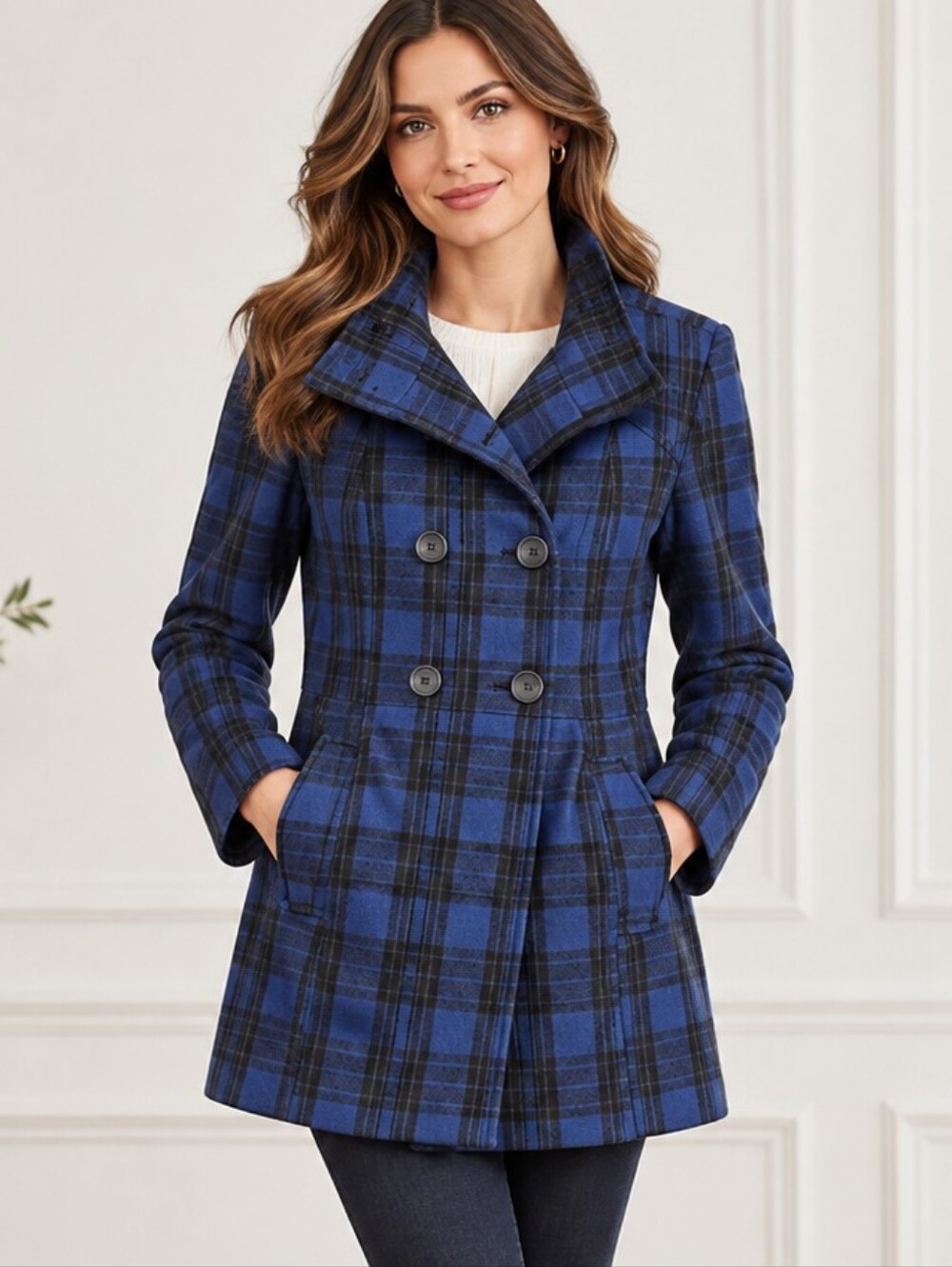 EUC Wool Blend Old Navy Plaid Double Breasted Pea Coat Blue Women's M